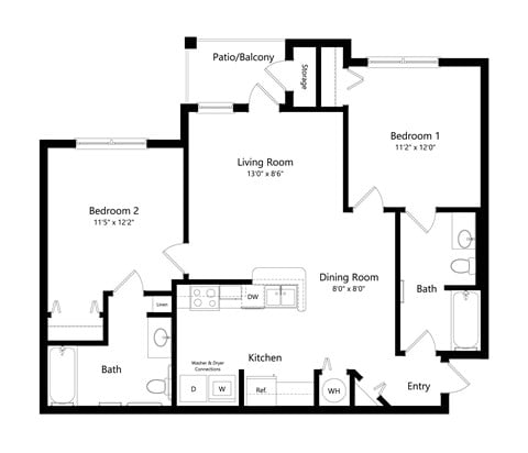 Floor plan for 2 beds, 2 baths, 967 sqft